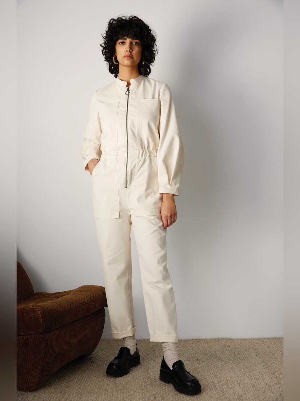 Anthropologie Eve Gravel Women's Cream Utility Jumpsuit with Front Zip